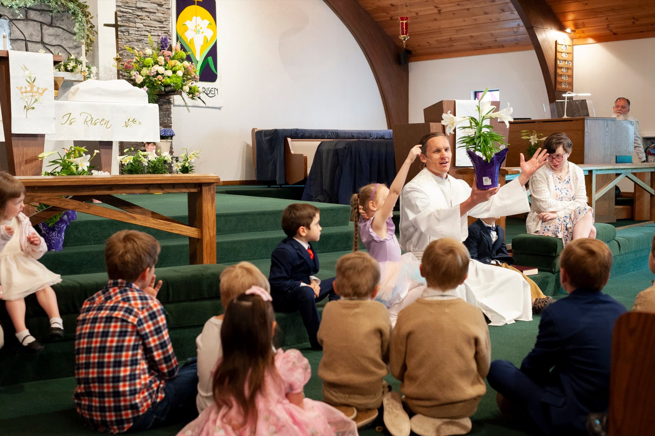 Children gathered for the children's message at Trinity Lutheran